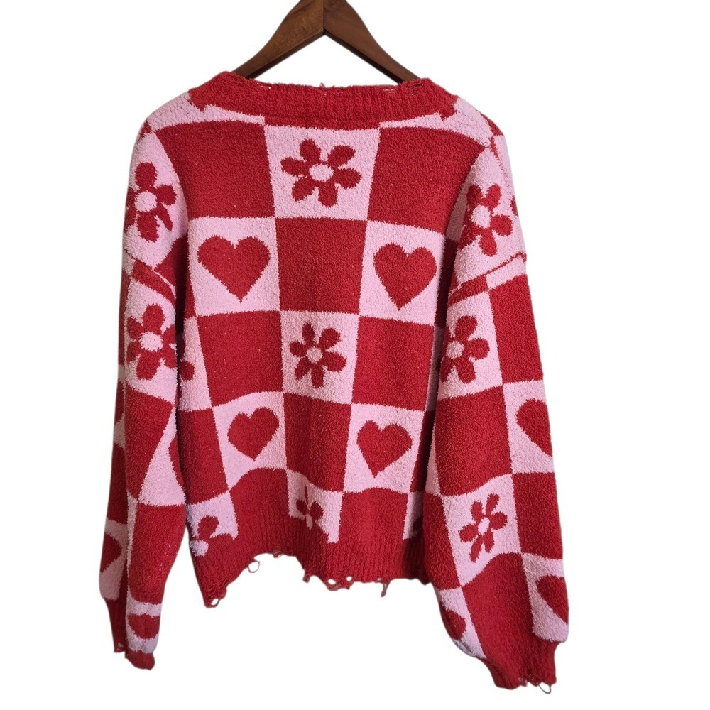 POL Heart & Floral Checkered V-Neck Sweater Medium Coquette - Picture 4 of 14